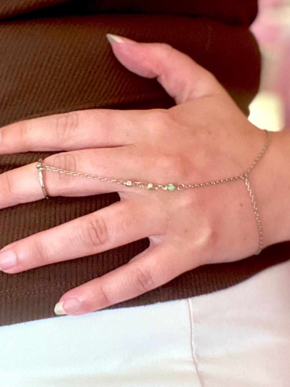 Silver Hand Chain Bracelet/Ring Green Gem Dainty Jewelry Women’s Indo-Western